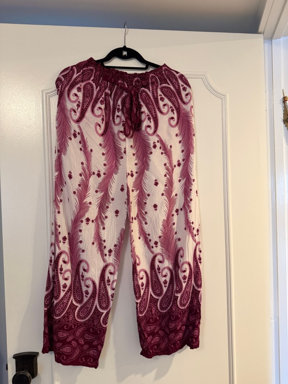 Boho Paisley Feather Print Wide Leg Pants - White & Burgundy